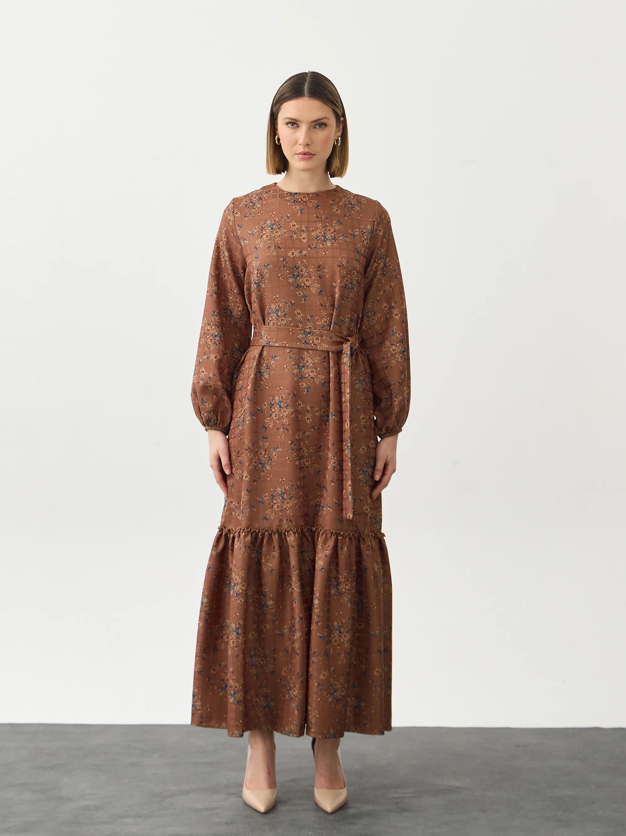 Floral Bej Elbise