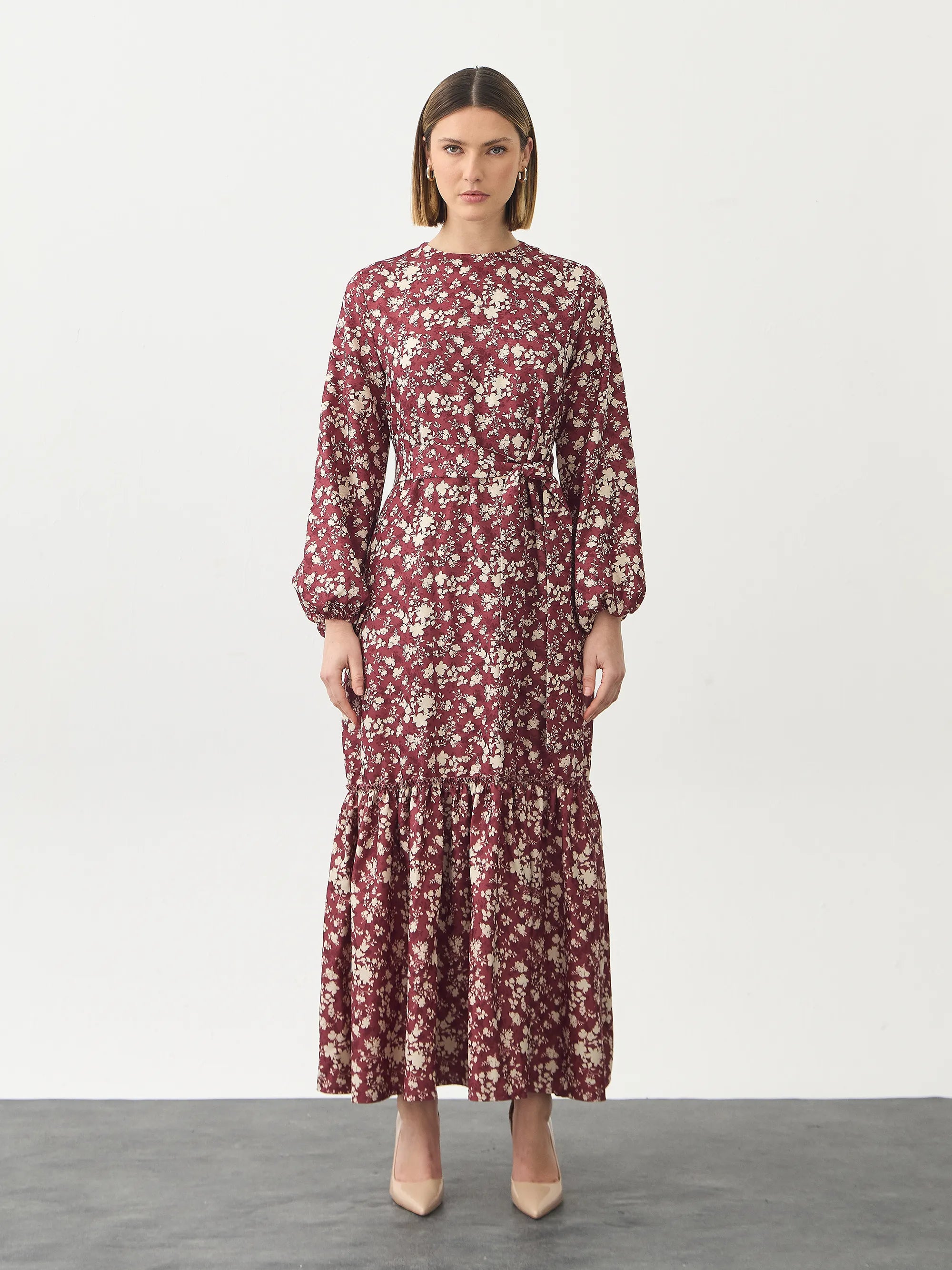 Floral Vişne Elbise