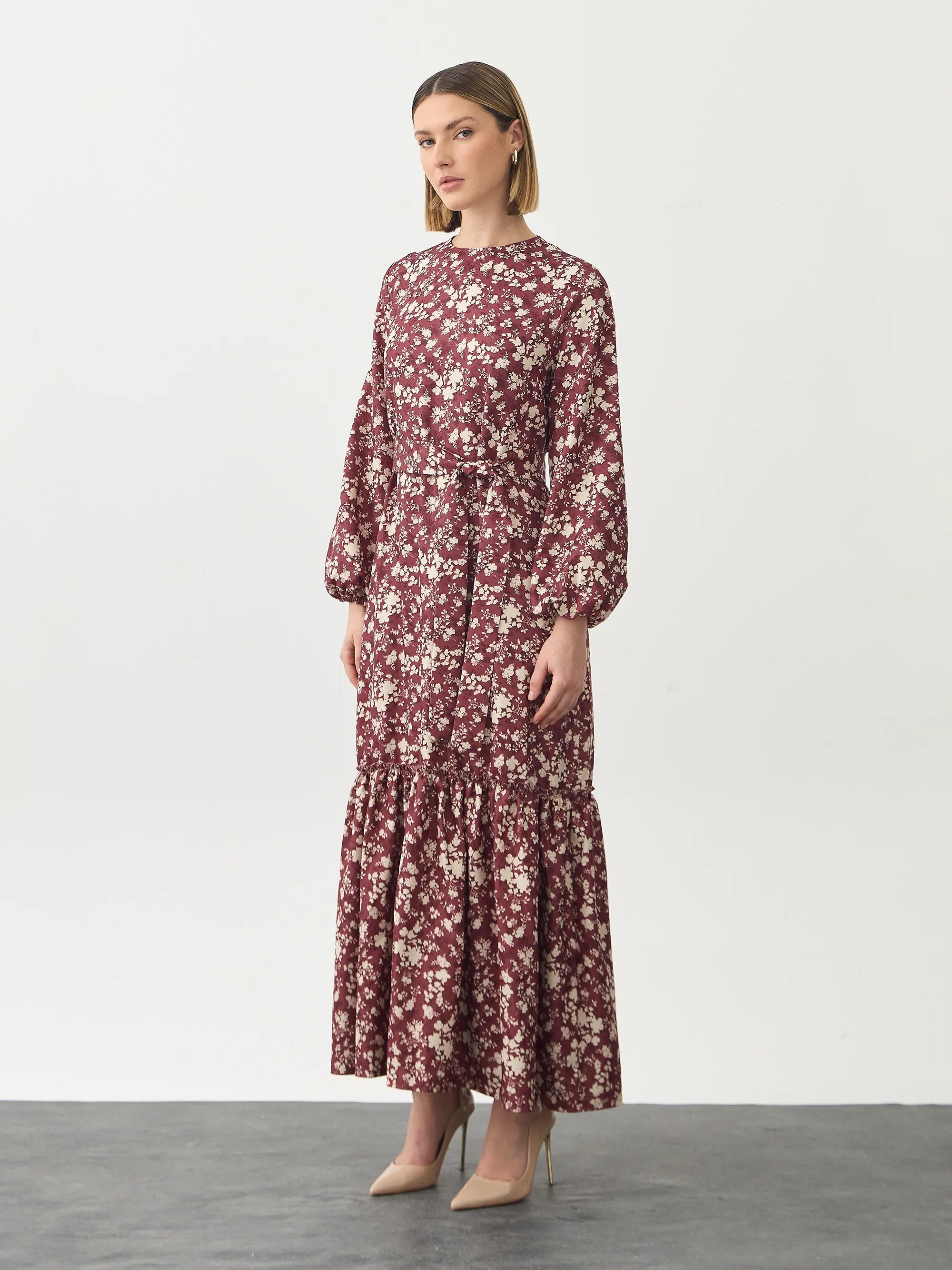 Floral Vişne Elbise