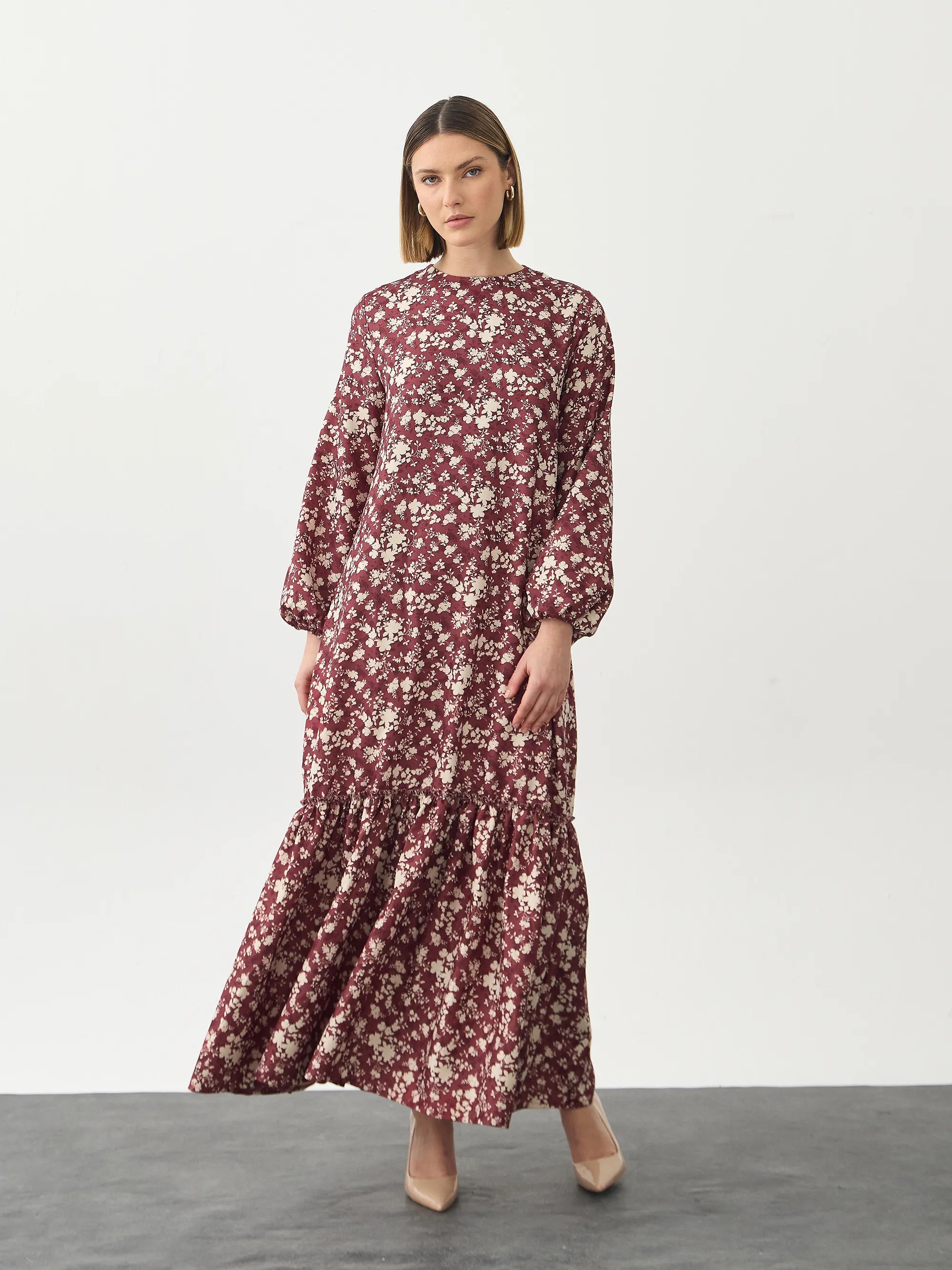 Floral Vişne Elbise