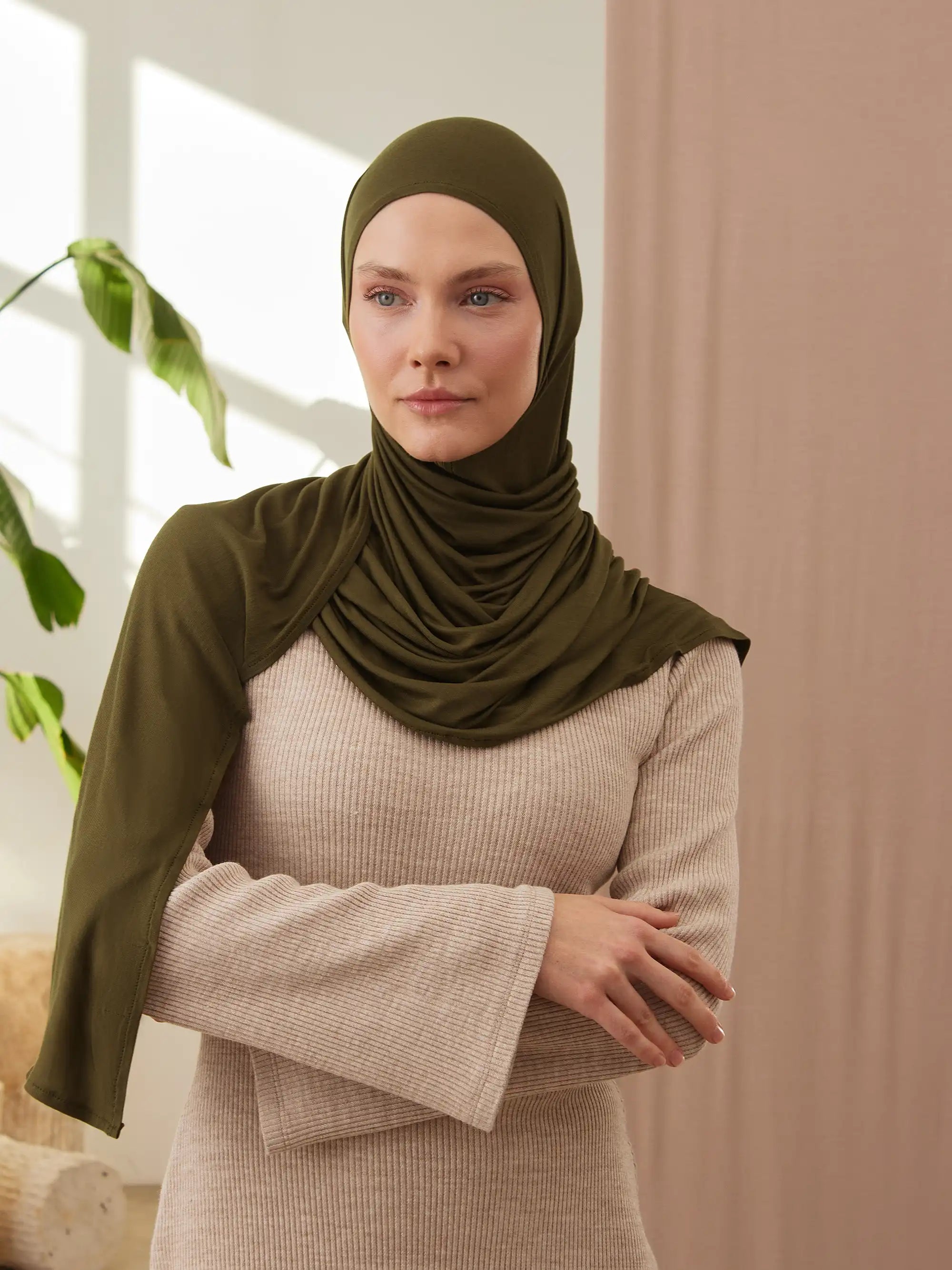 Pratik Premium Jersey Şal - Koyu Zeytin Yeşili