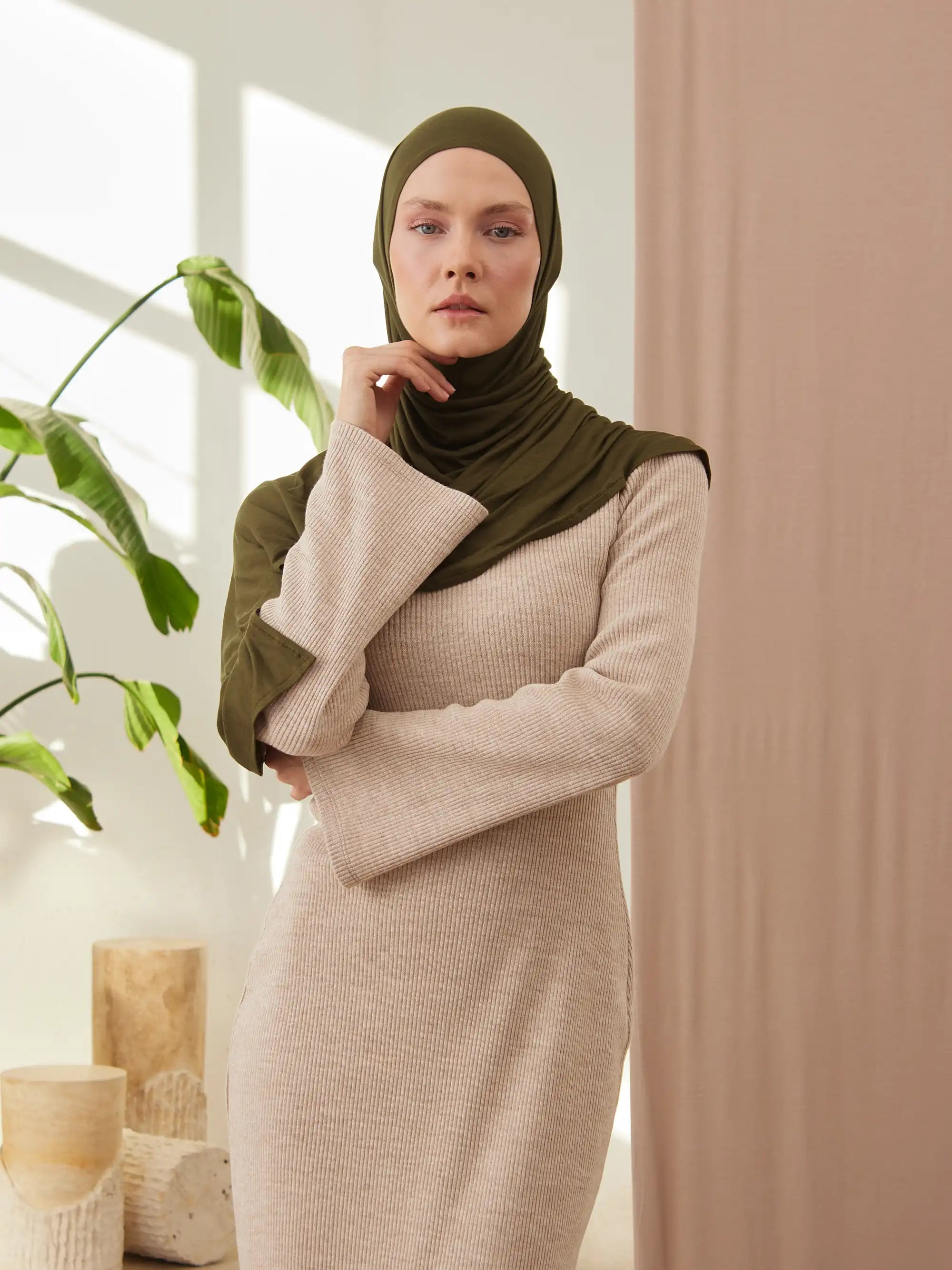 Pratik Premium Jersey Şal - Koyu Zeytin Yeşili