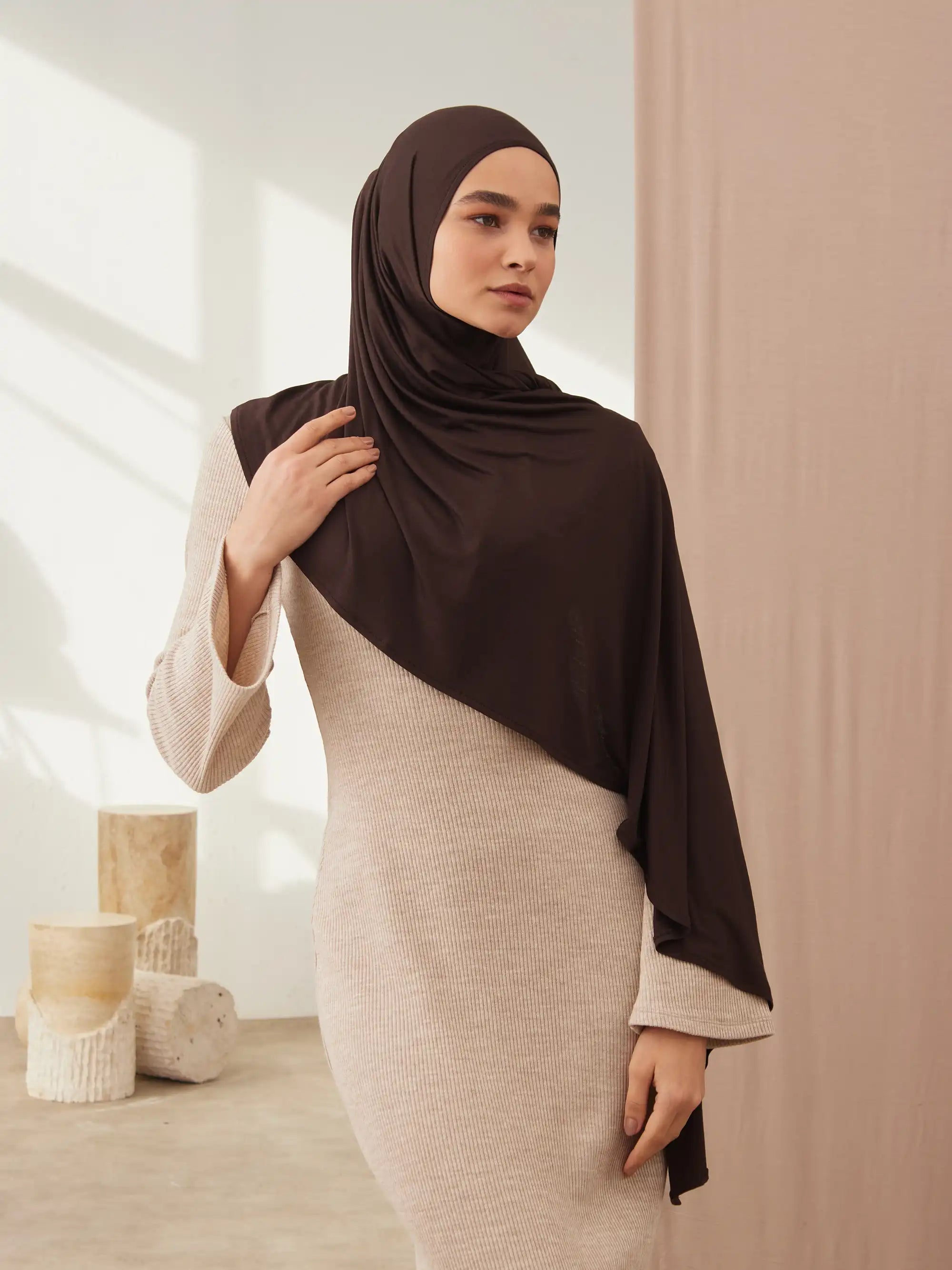 Küçük Pratik Jersey Şal - Kahve Çekirdeği