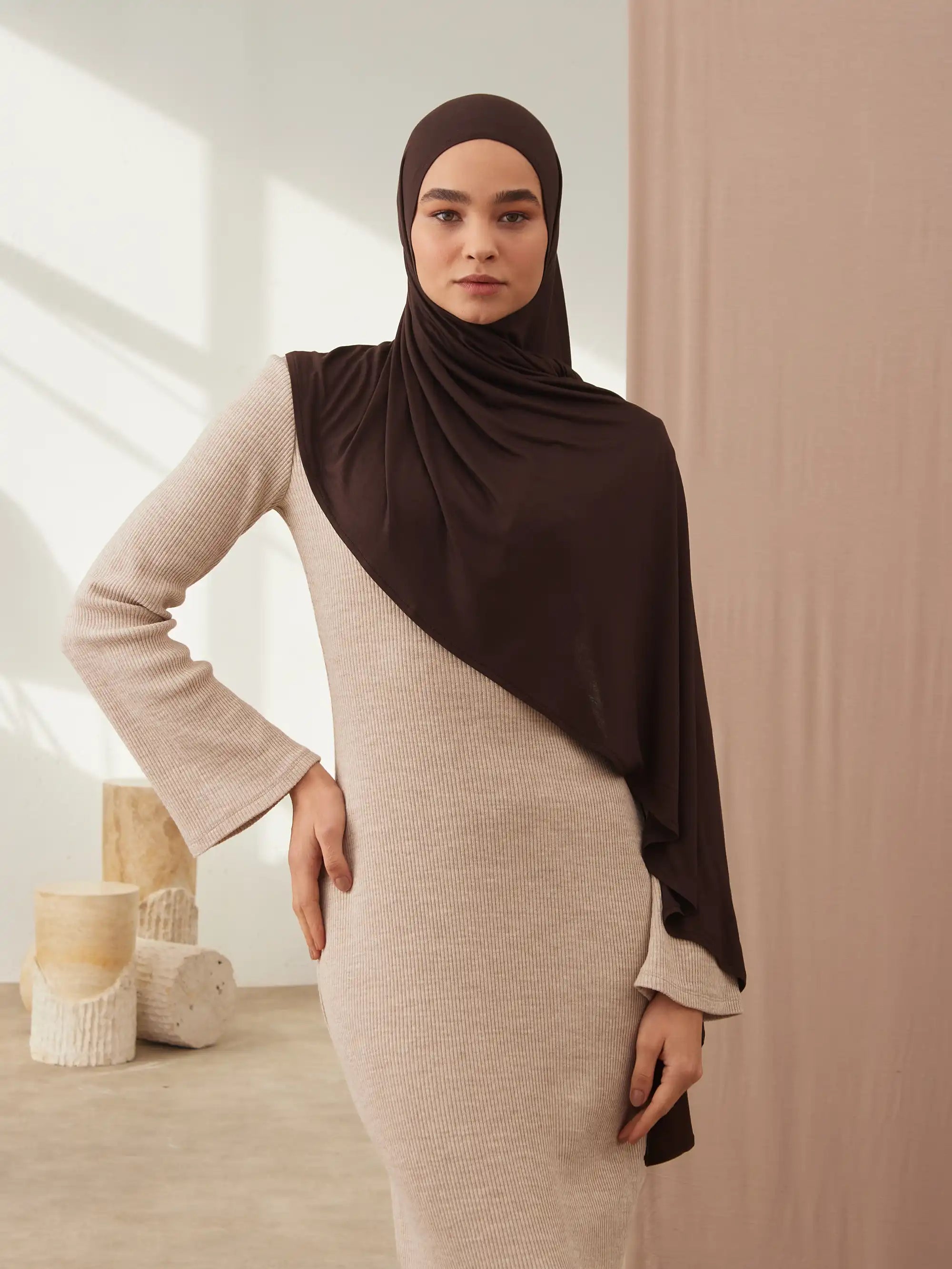 Küçük Pratik Jersey Şal - Kahve Çekirdeği