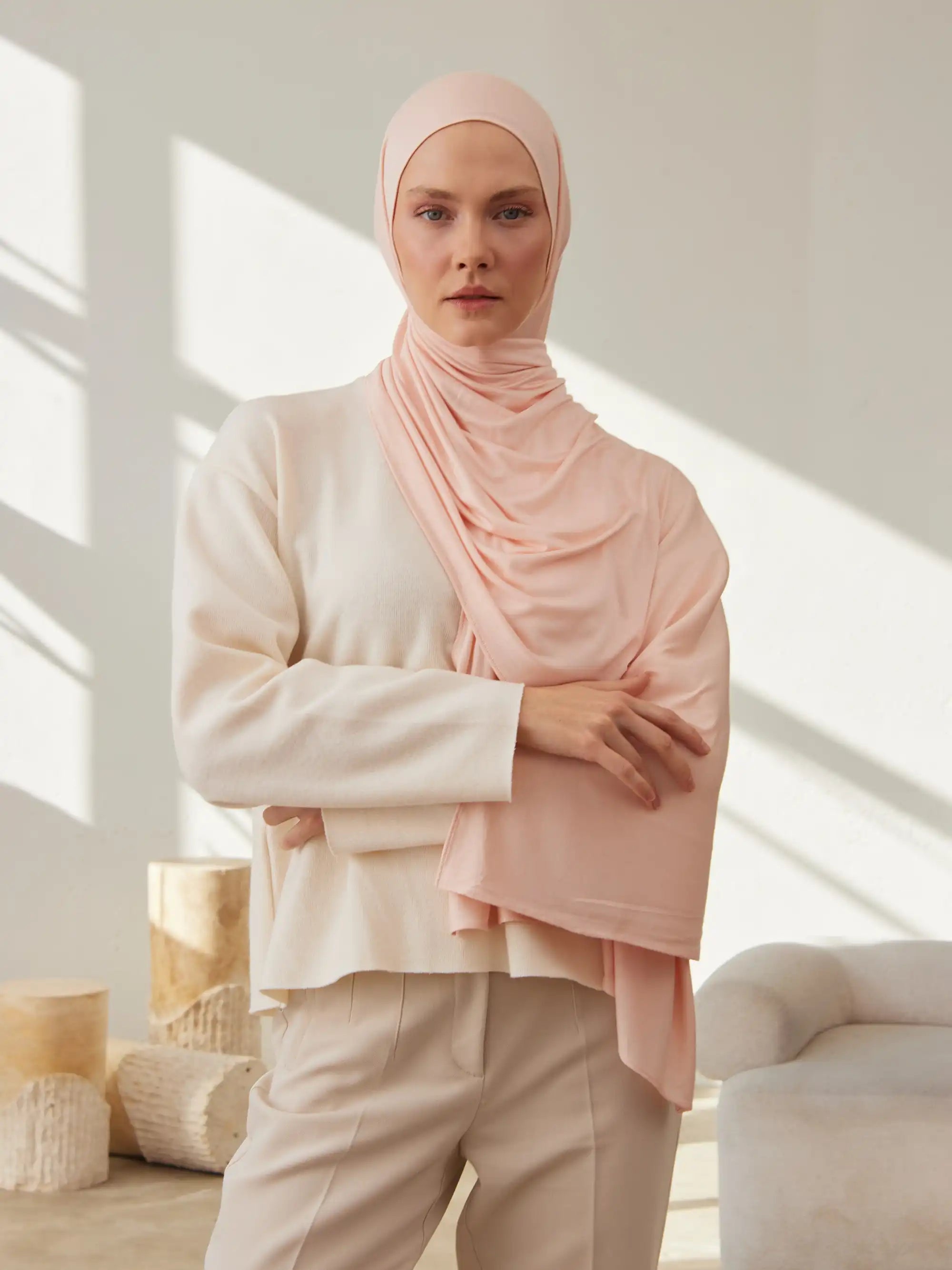 Küçük Premium Jersey Şal - Krem Pembe