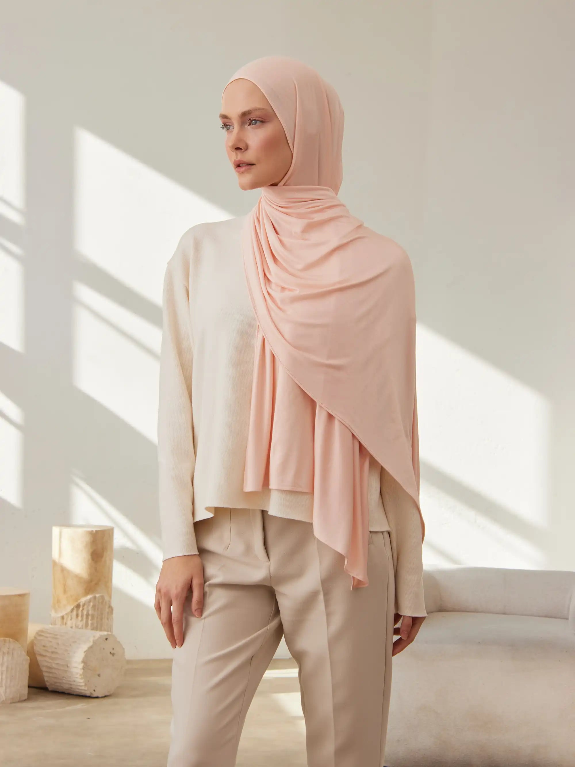Küçük Premium Jersey Şal - Krem Pembe