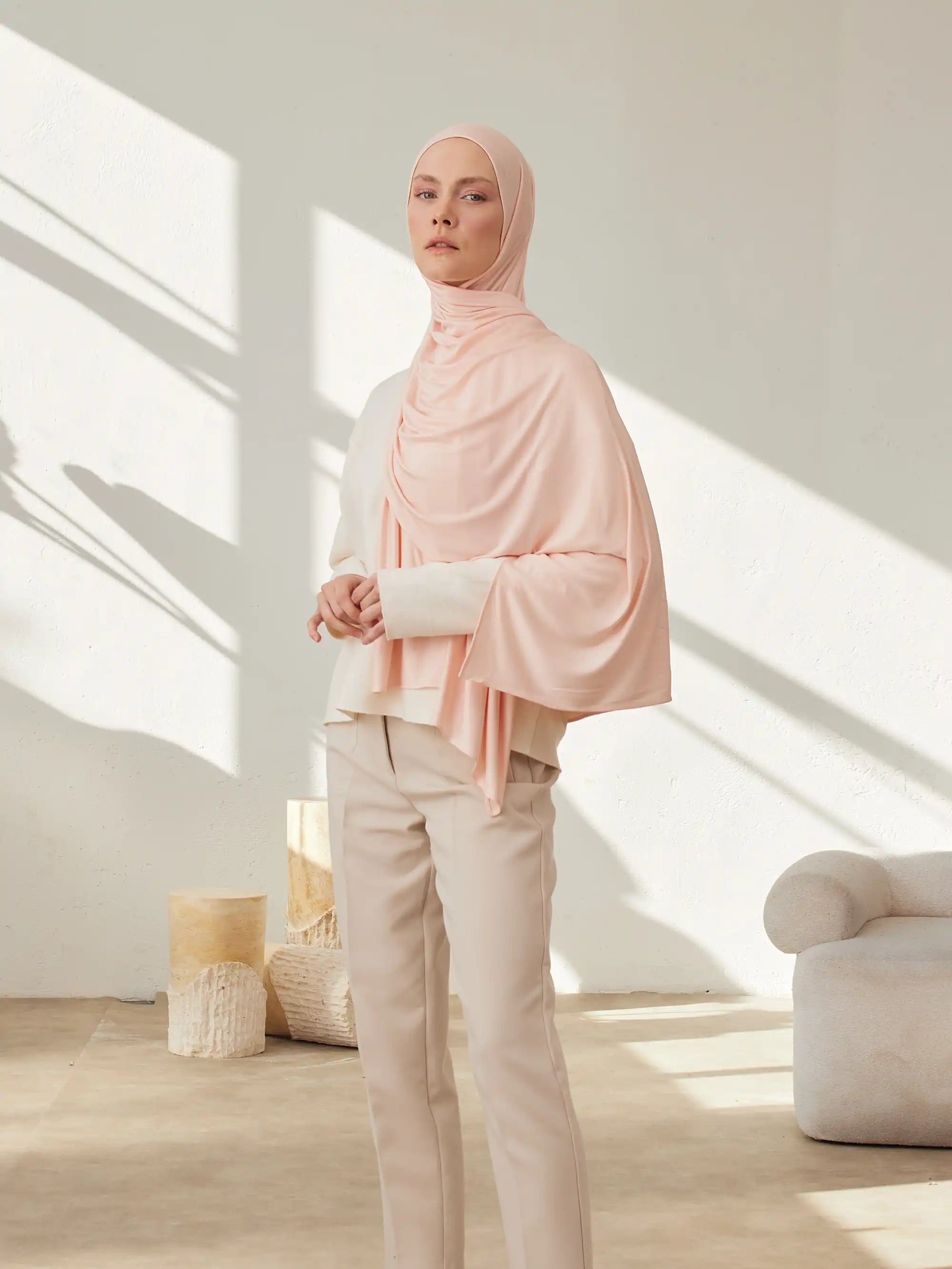 Küçük Premium Jersey Şal - Krem Pembe