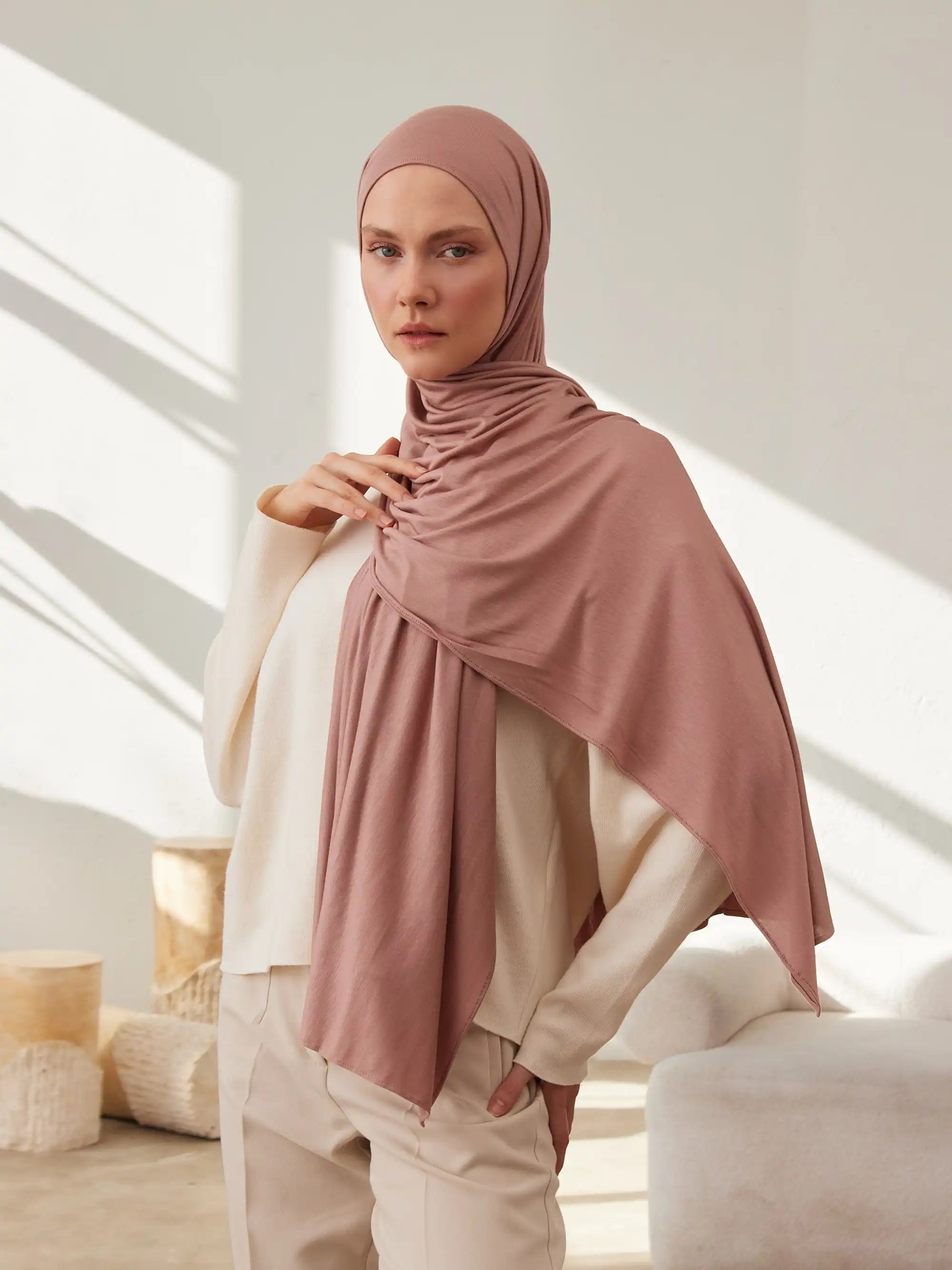 Küçük Premium Jersey Şal - Pastel Gül