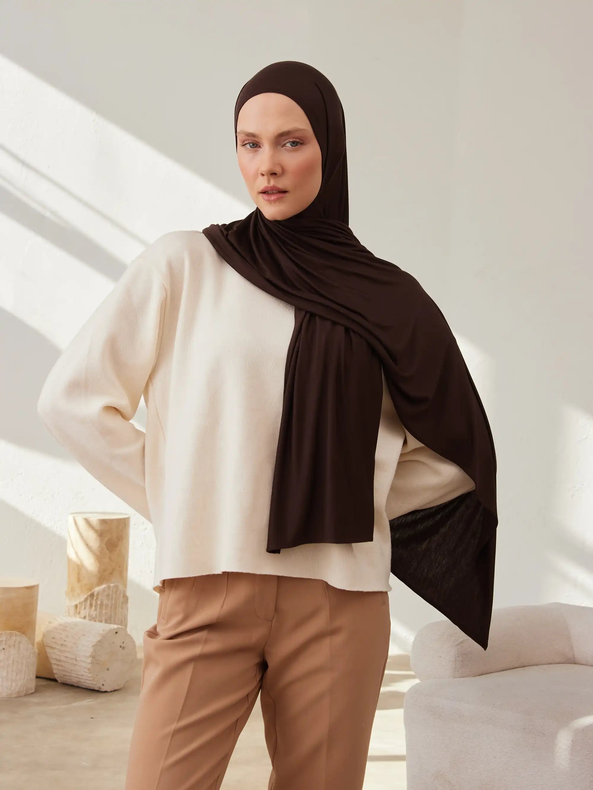 Küçük Premium Jersey Şal - Kahve Çekirdeği
