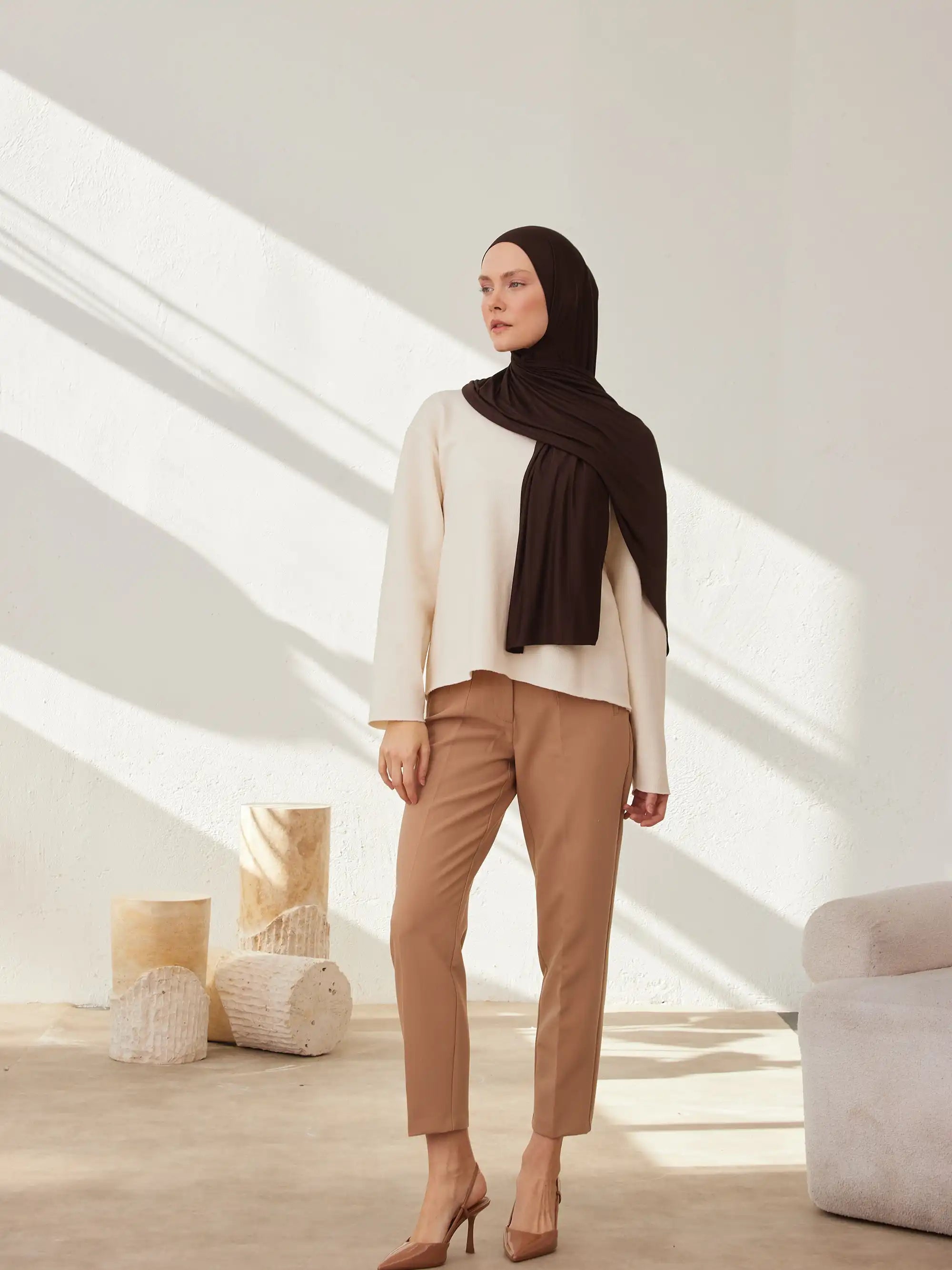 Küçük Premium Jersey Şal - Kahve Çekirdeği