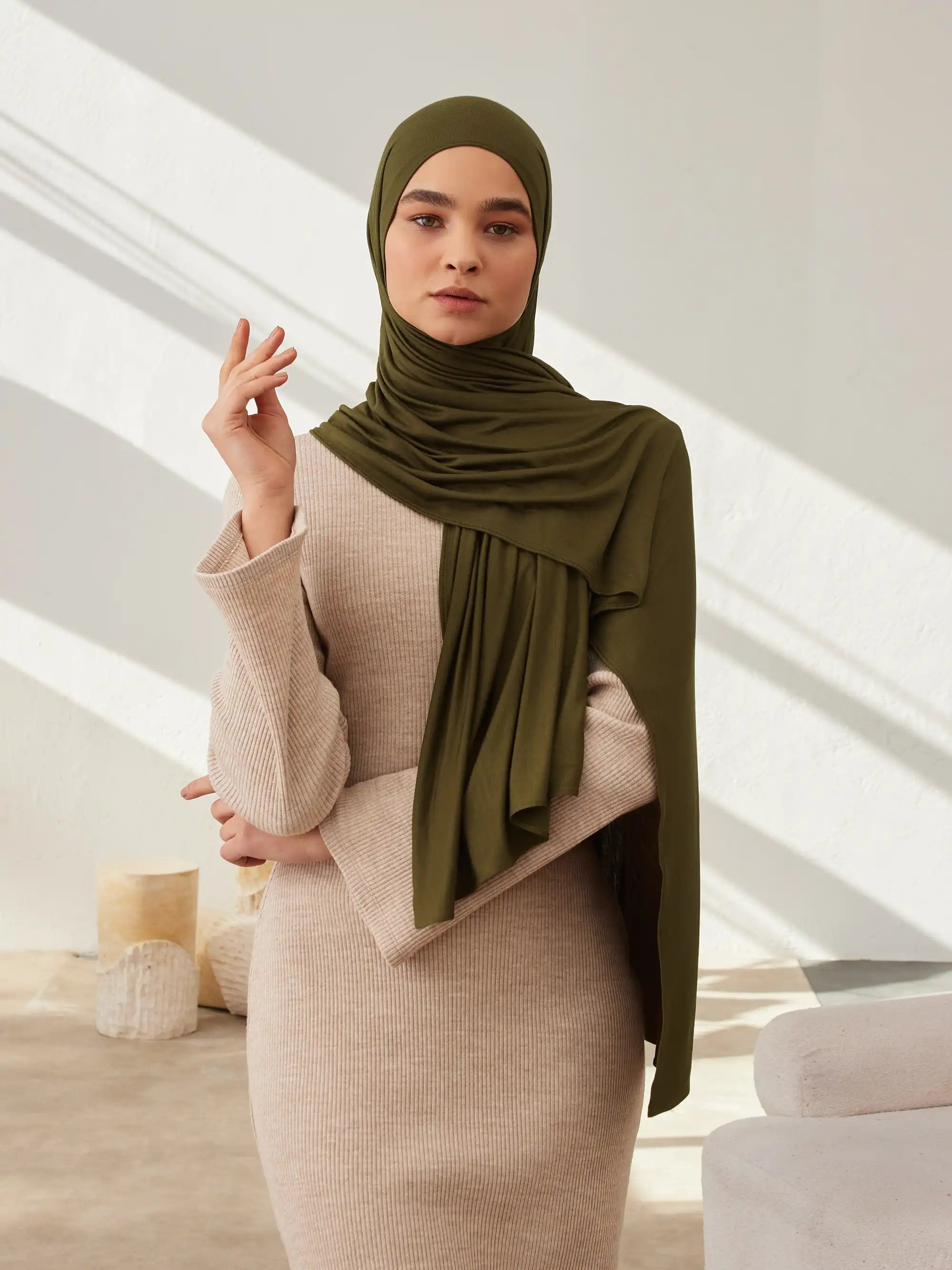 Küçük Premium Jersey Şal - Koyu Zeytin Yeşili