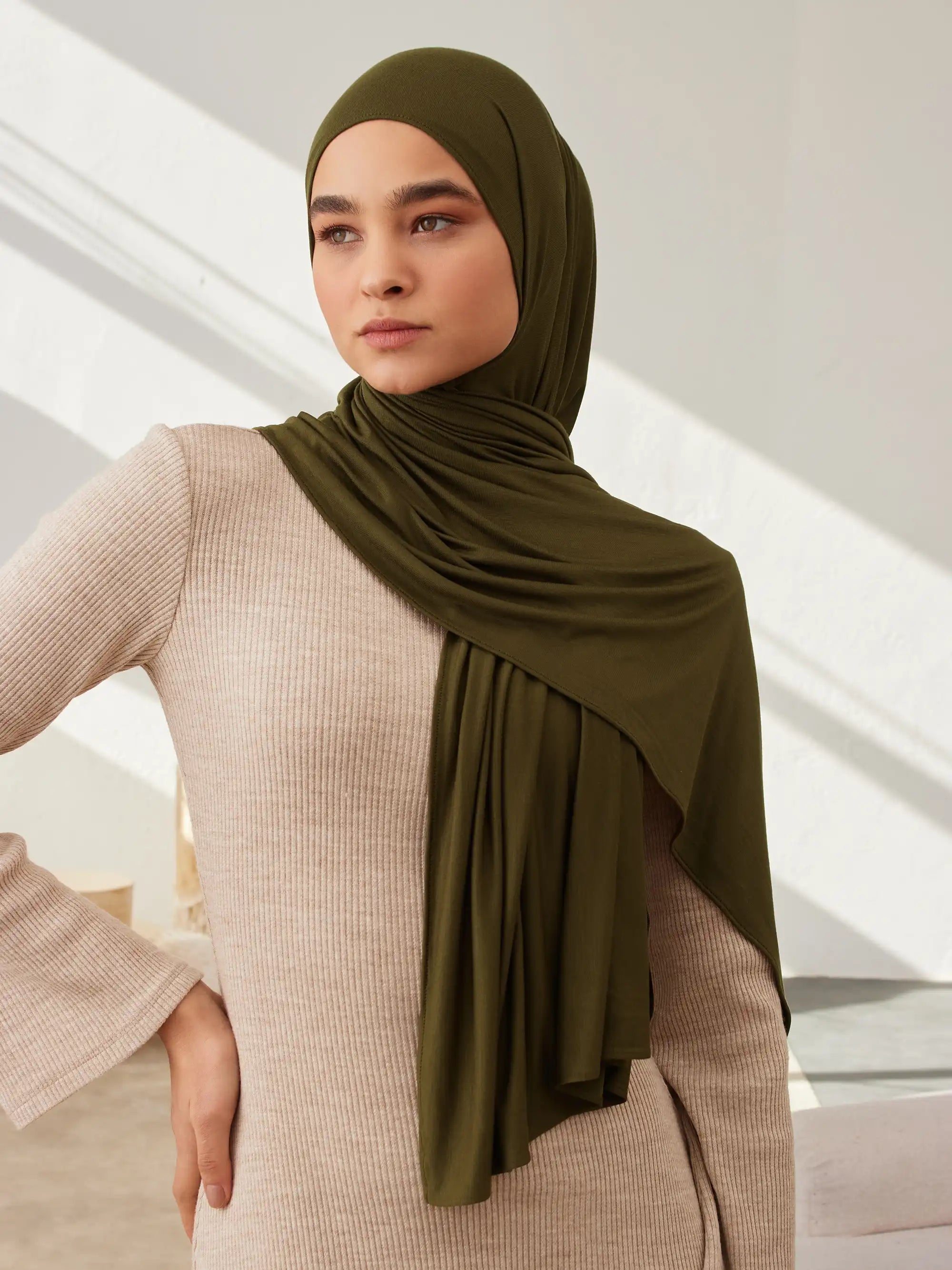 Küçük Premium Jersey Şal - Koyu Zeytin Yeşili