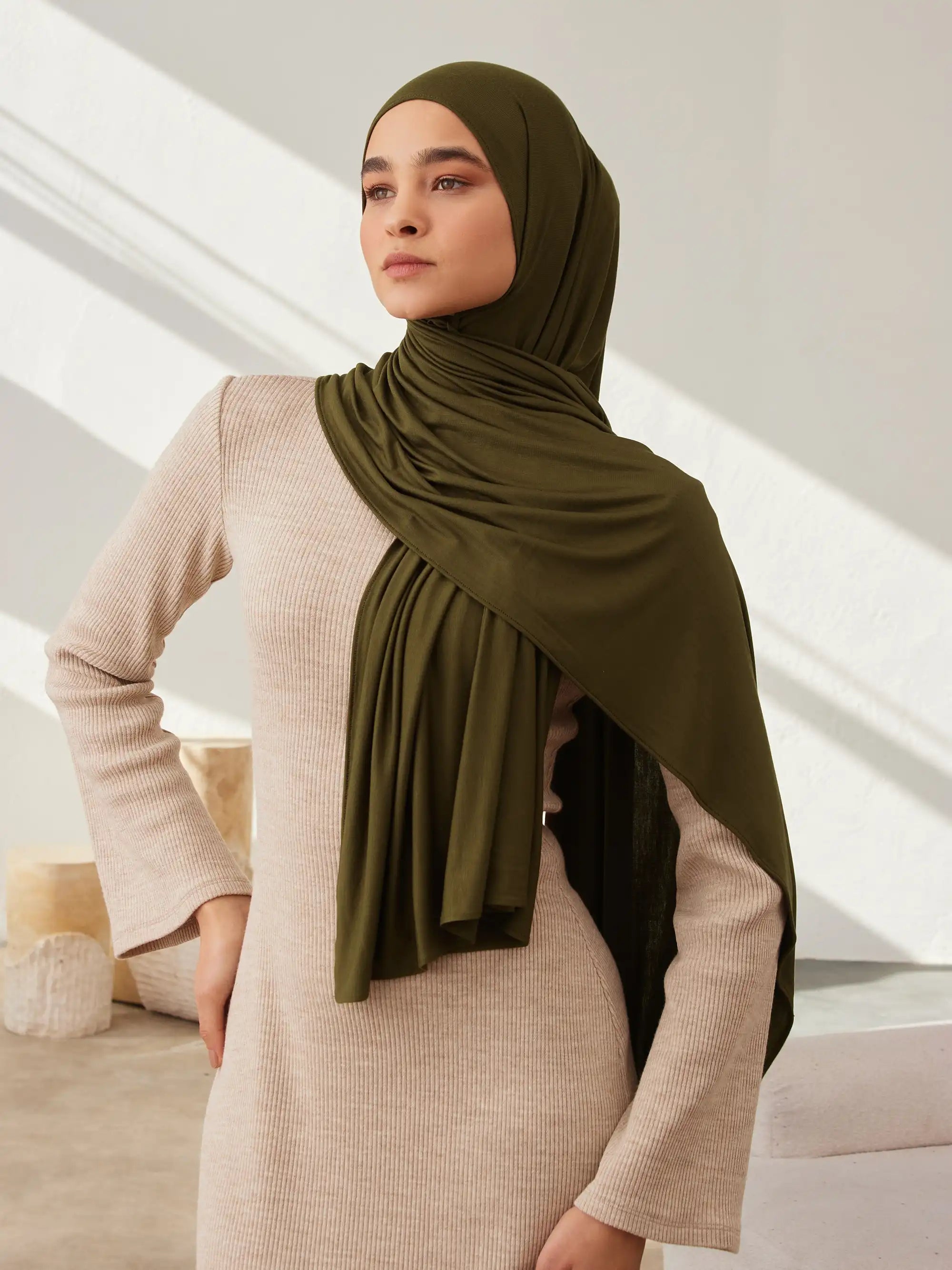 Küçük Premium Jersey Şal - Koyu Zeytin Yeşili