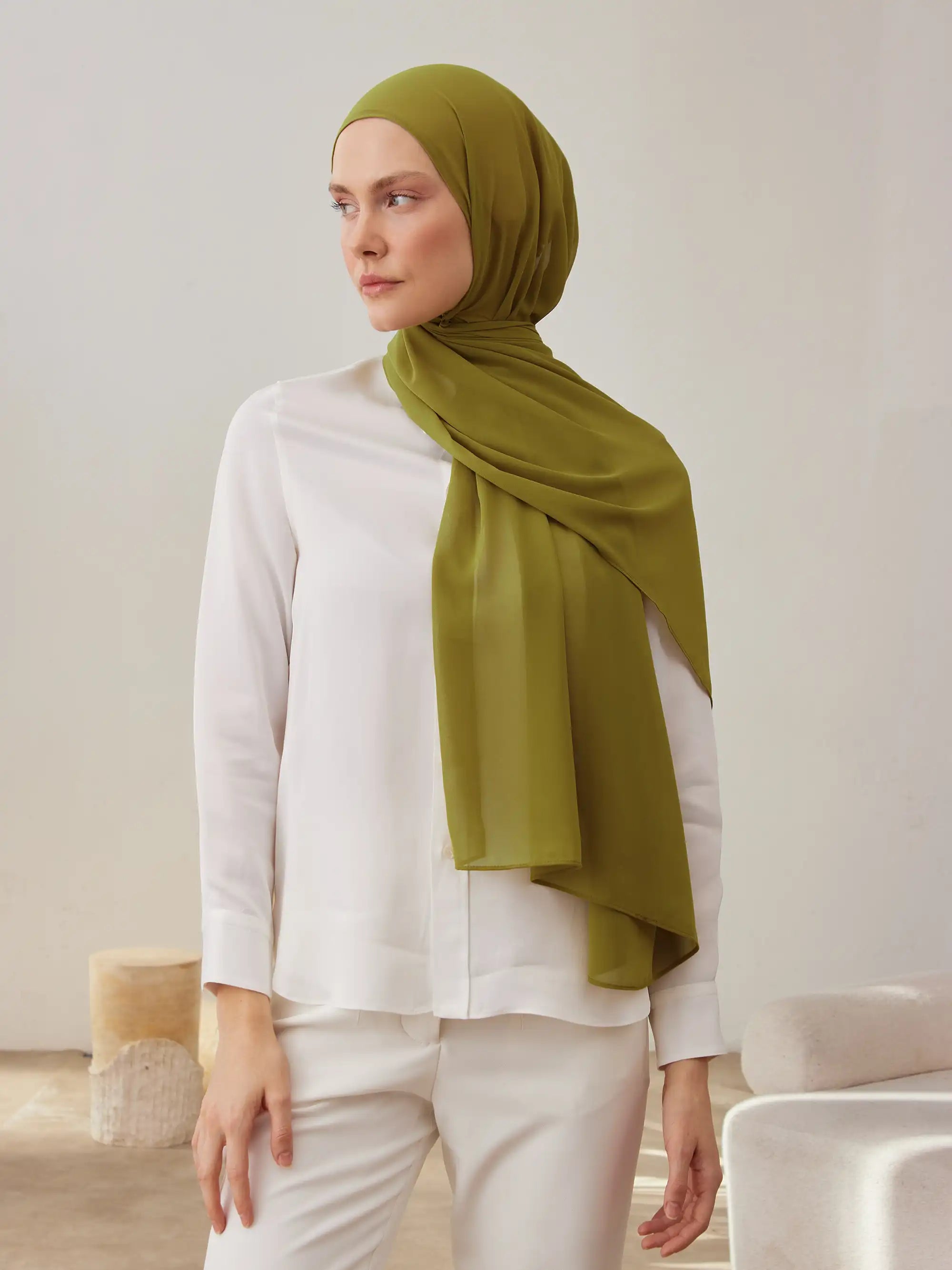 Küçük Luxury Şifon Şal - Zeytin Yeşili