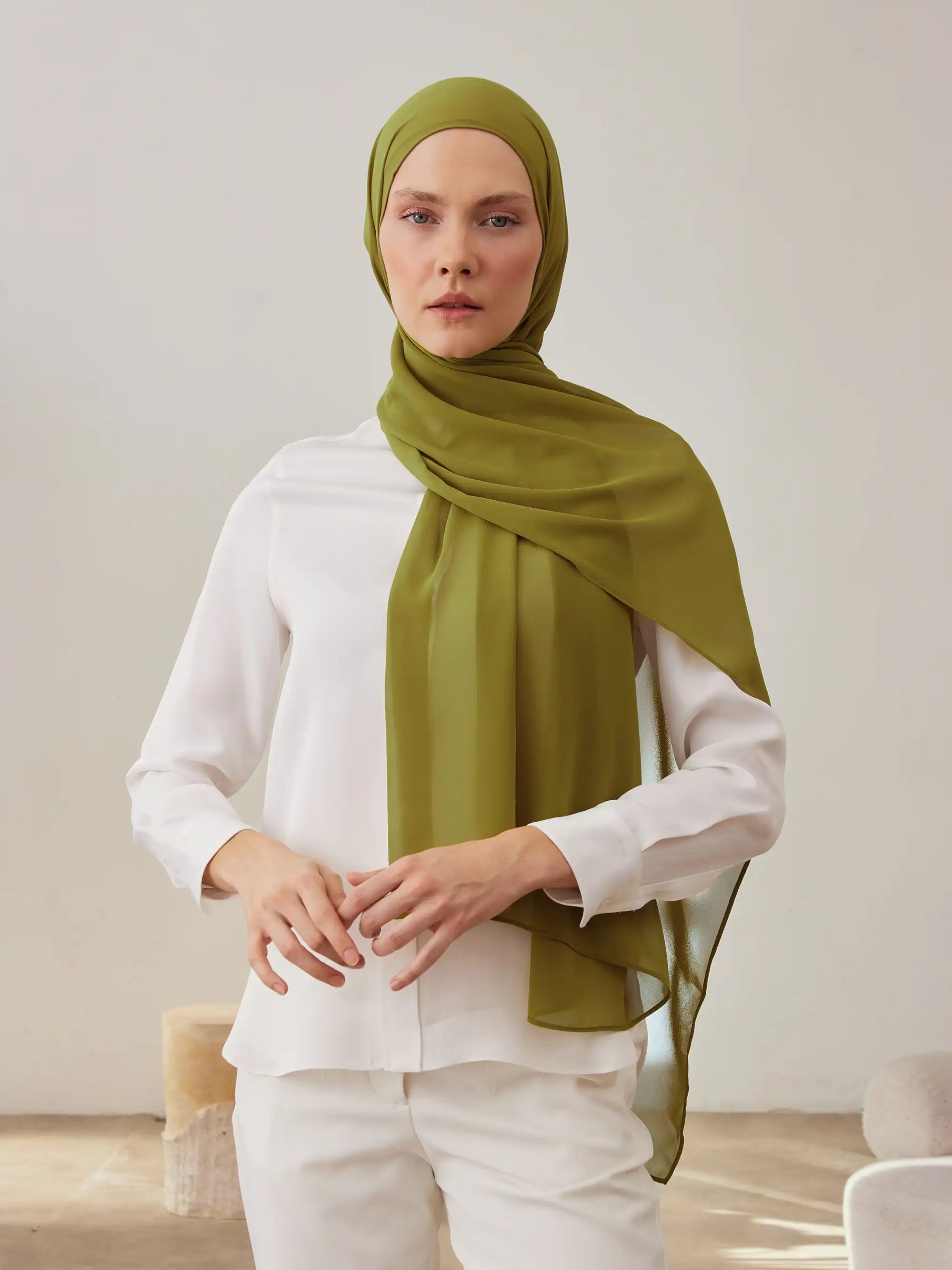 Küçük Luxury Şifon Şal - Zeytin Yeşili