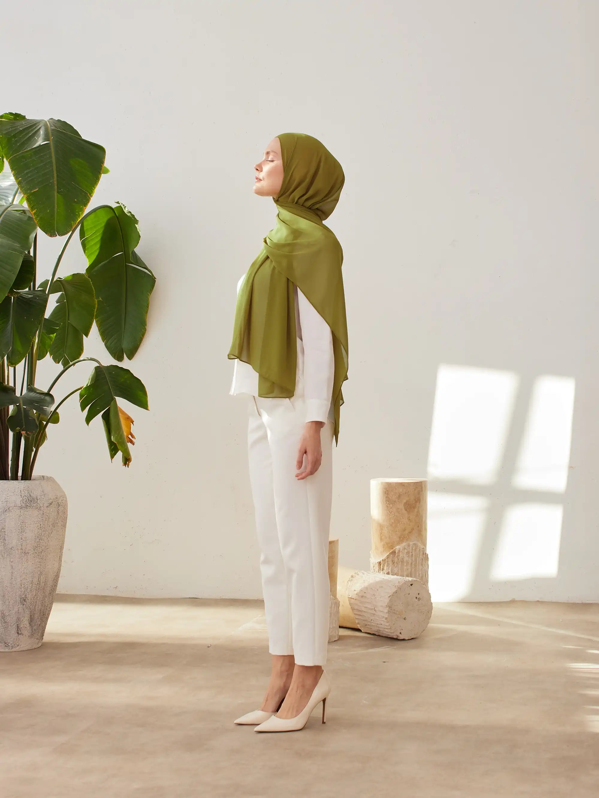 Luxury Şifon Şal - Zeytin Yeşili