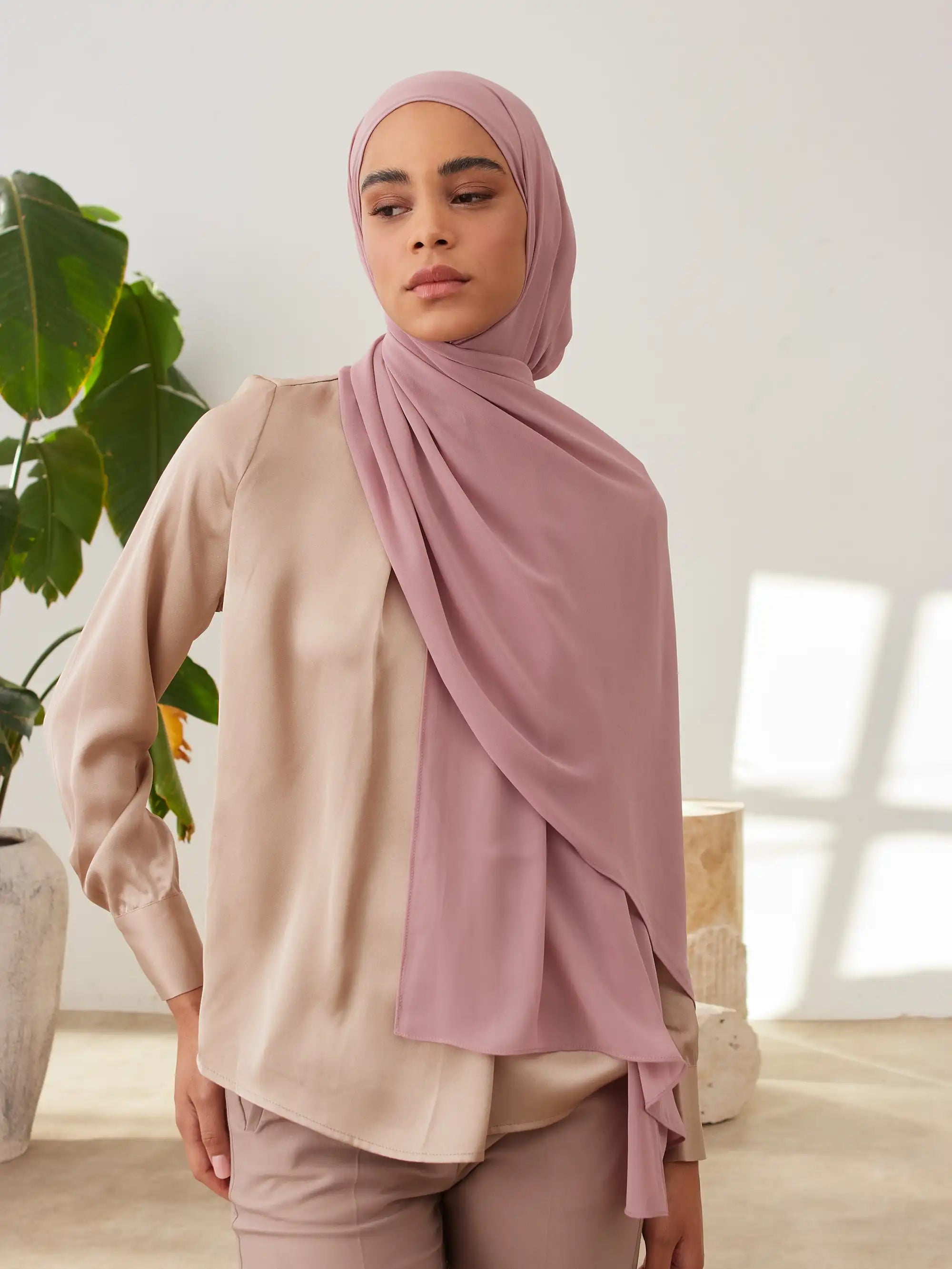 Küçük Luxury Şifon Şal - Pudra Pembesi