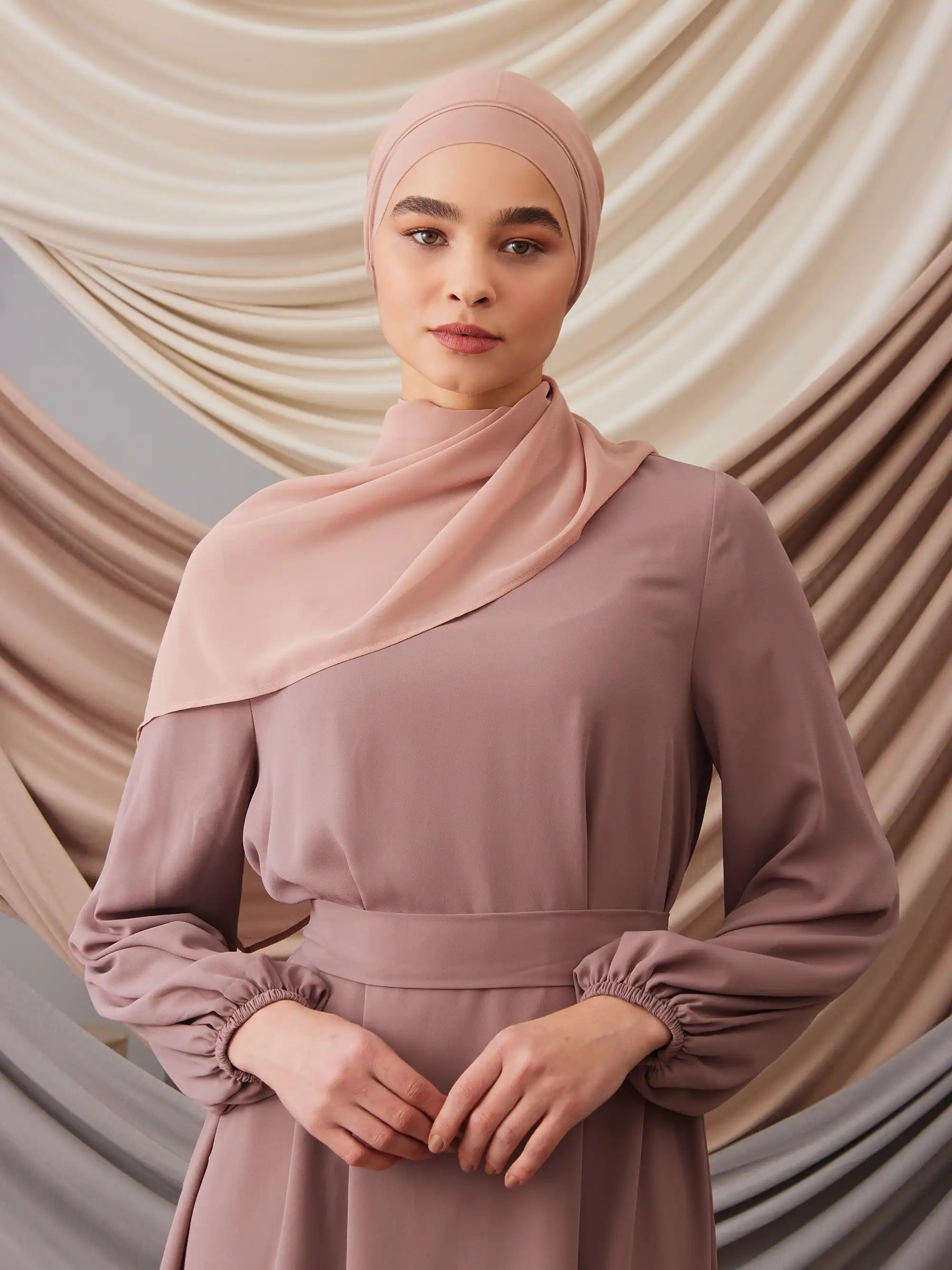 Kendinden Boneli Şifon Şal - Taupe Pembe
