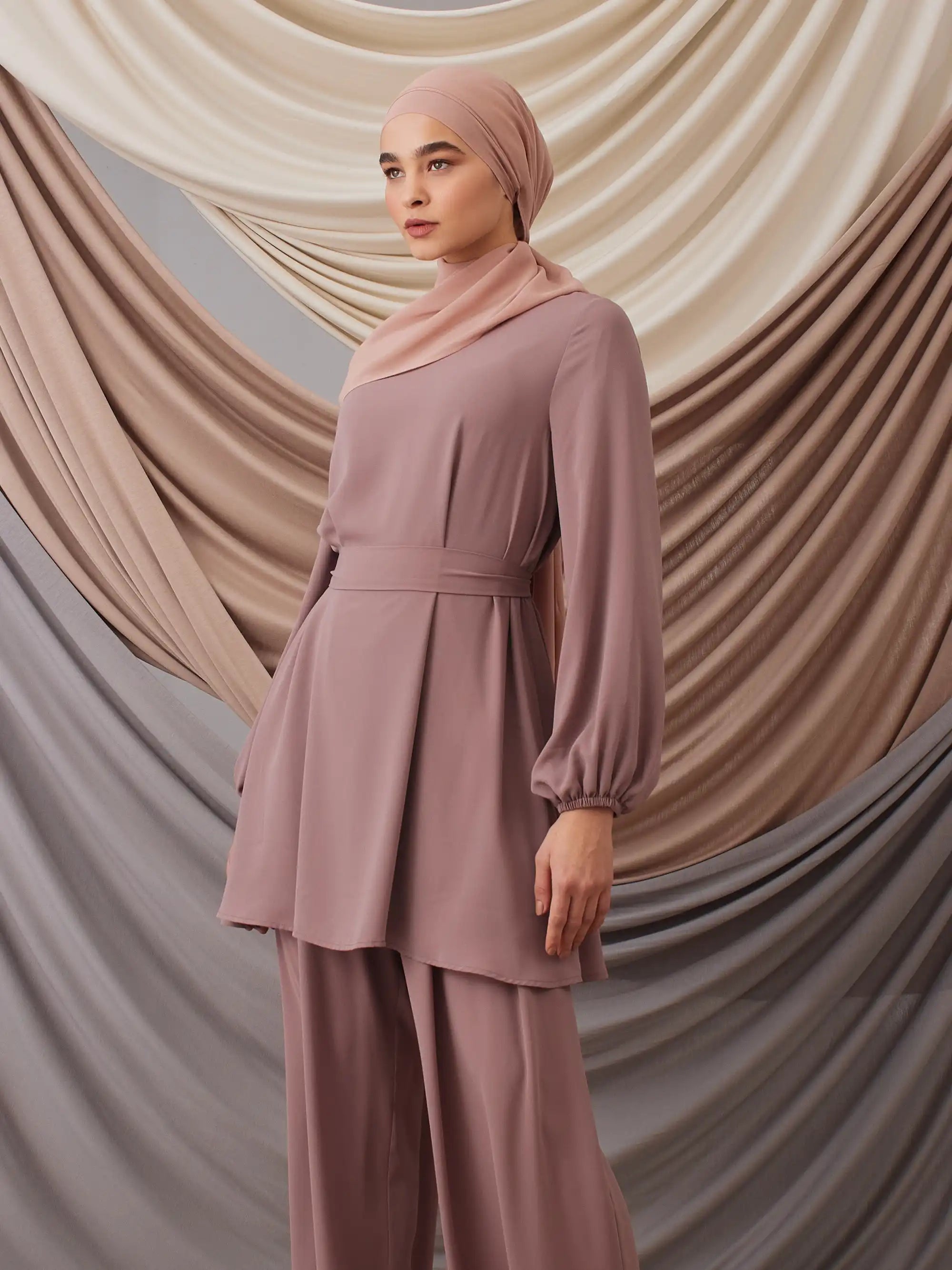 Kendinden Boneli Şifon Şal - Taupe Pembe