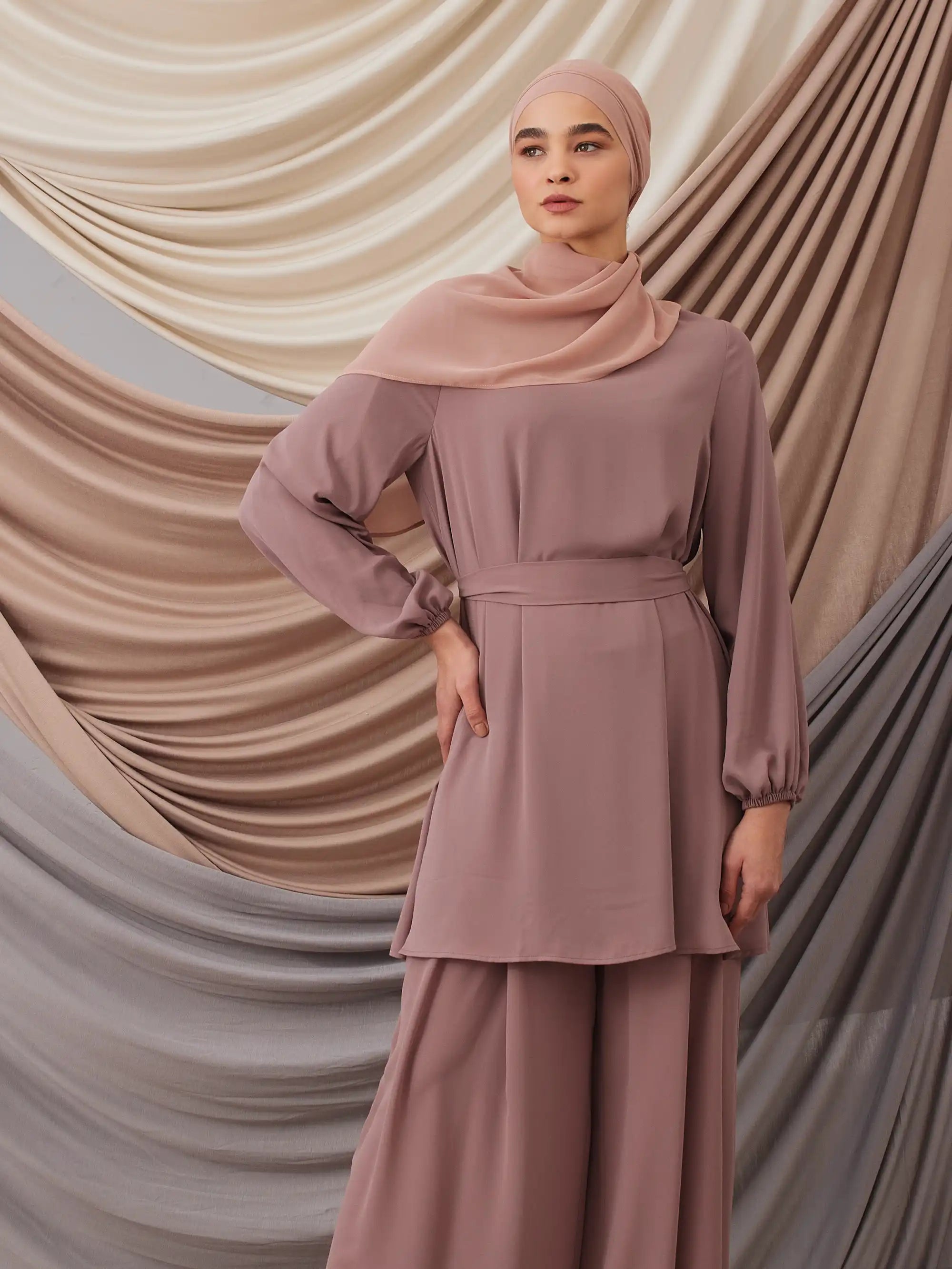 Kendinden Boneli Şifon Şal - Taupe Pembe