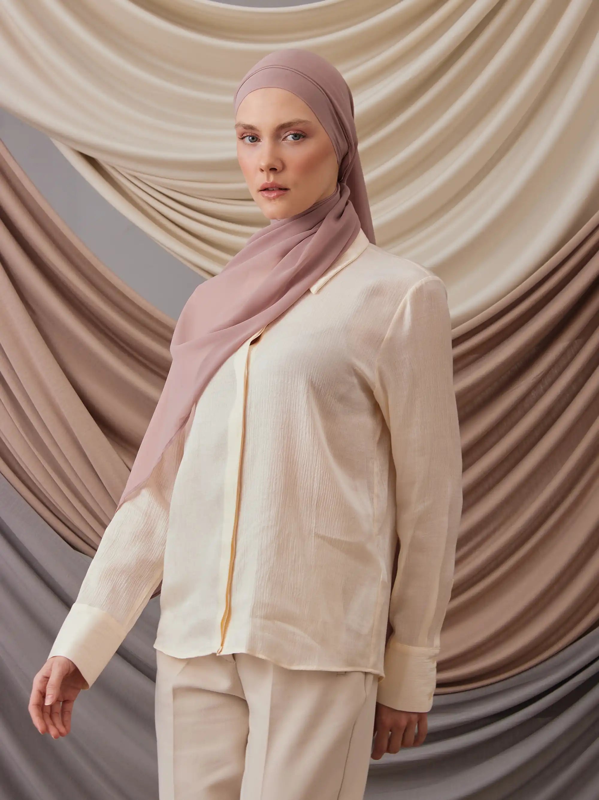 Kendinden Boneli Şifon Şal - Pastel Gül