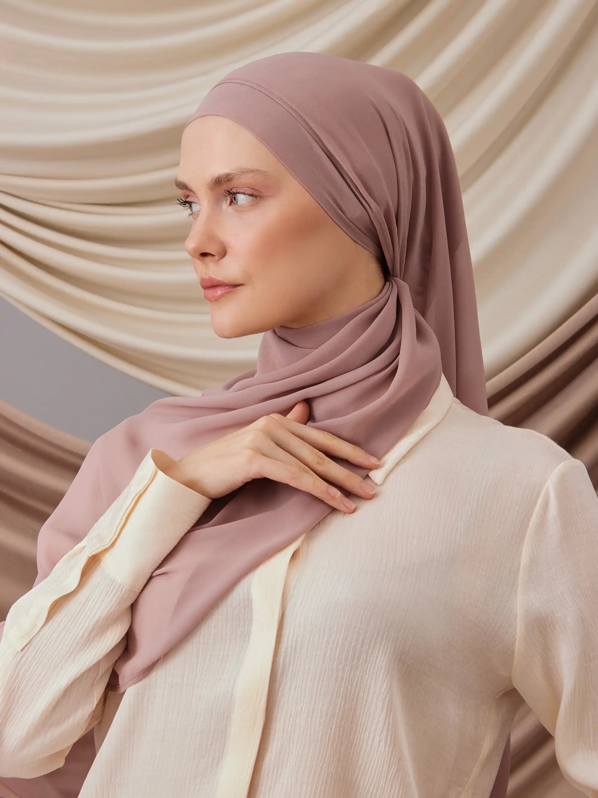 Kendinden Boneli Şifon Şal - Pastel Gül