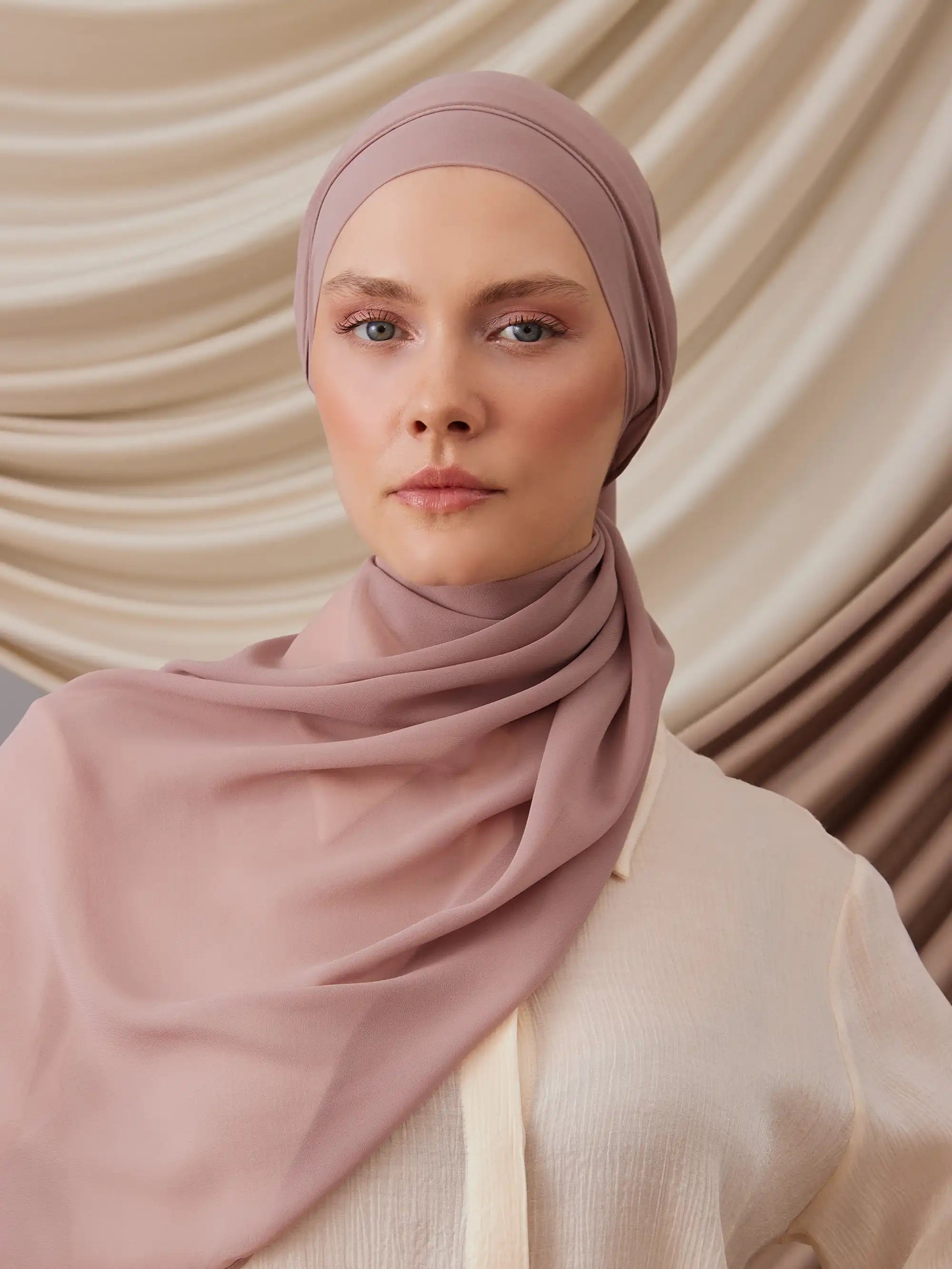 Kendinden Boneli Şifon Şal - Pastel Gül
