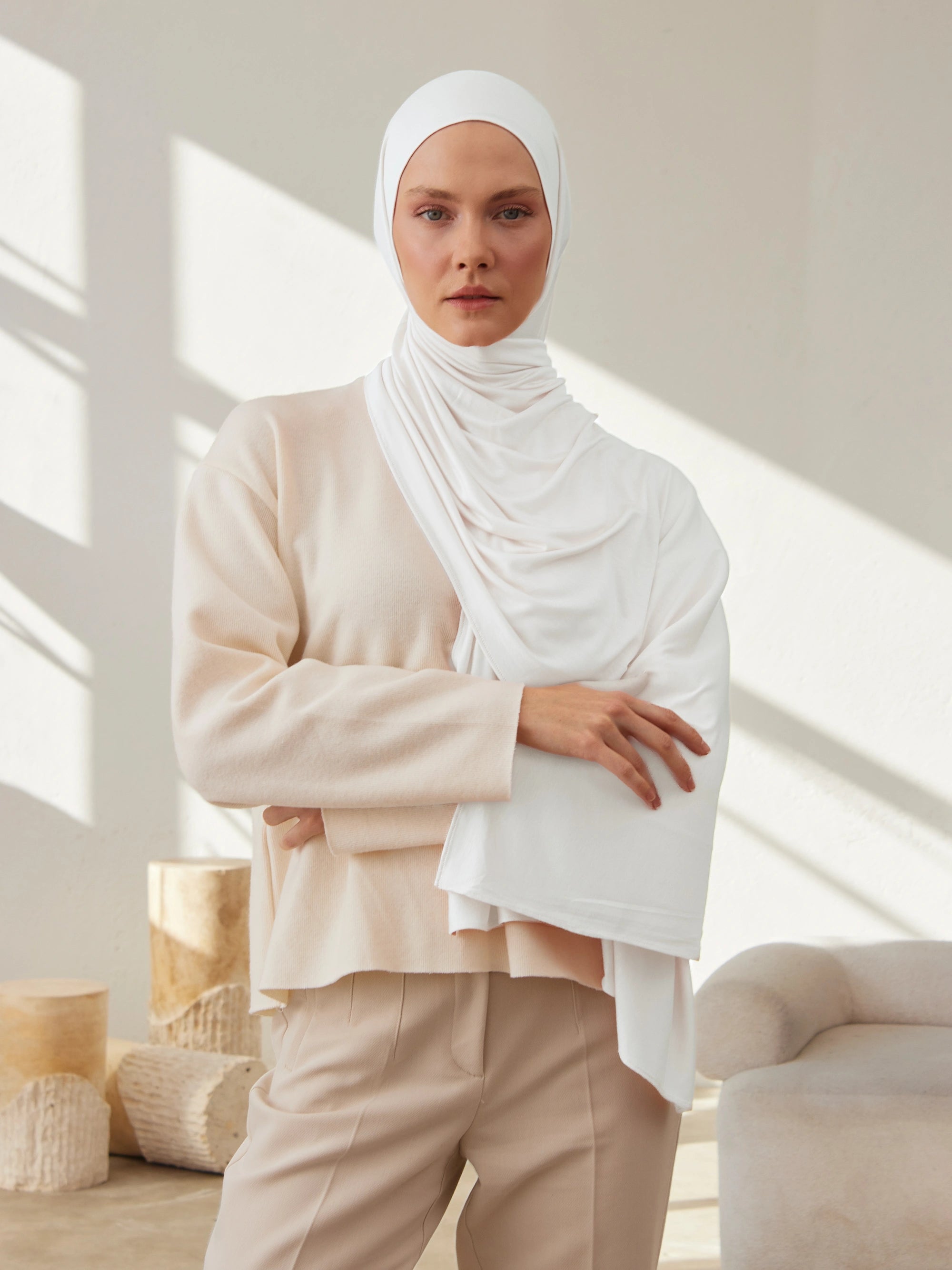 Küçük Premium Jersey Şal - Beyaz